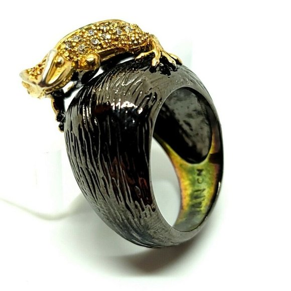 Elegant Iman CN Charcoal Gold Plated Pave Rhinestone Chameleon Cocktail Ring - Picture 3 of 10